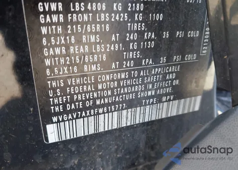 2015 Volkswagen Tiguan S из США, поврежденный, VIN WVGAV7AX8FW615777